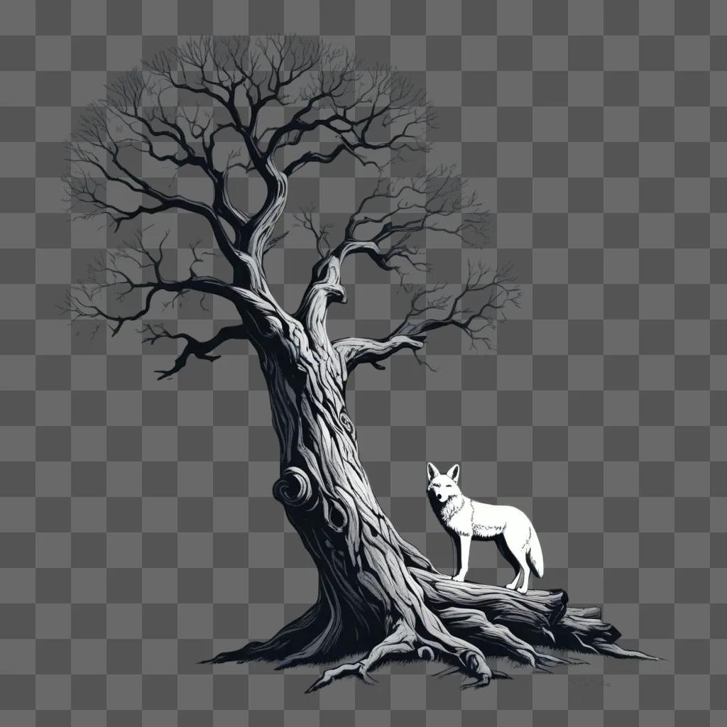 white wolf standing on a tree trunk