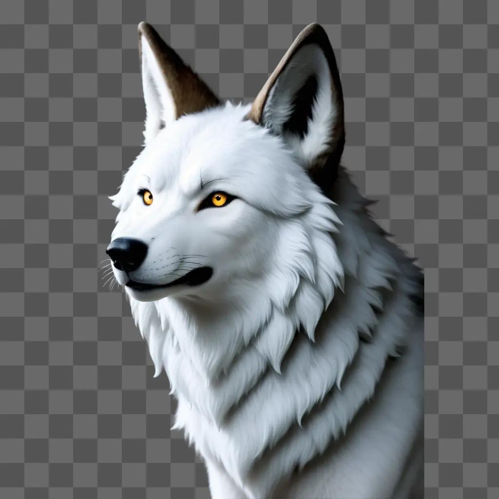 white wolf with long ears stands on a gray background