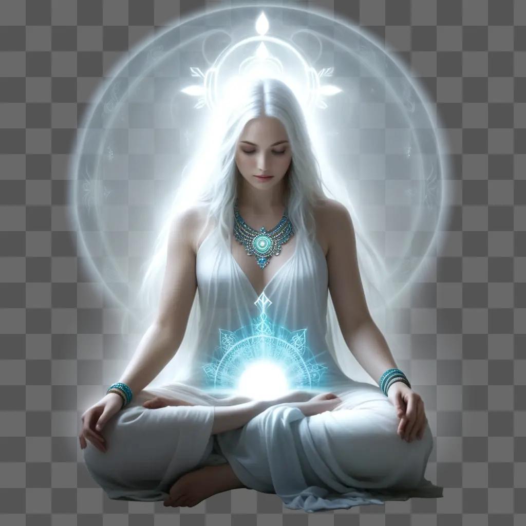 white woman with glowing aura meditates