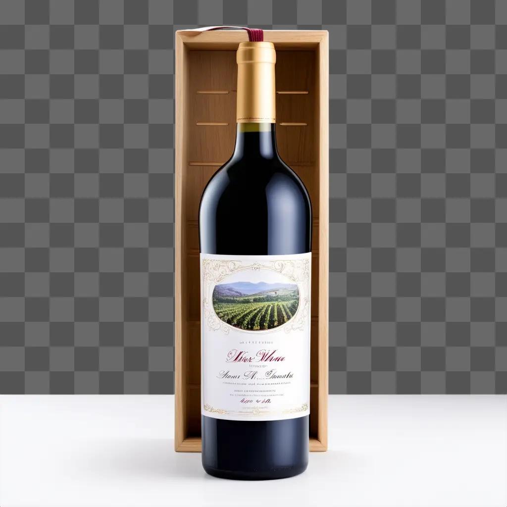 wine bottle is displayed in a wooden crate