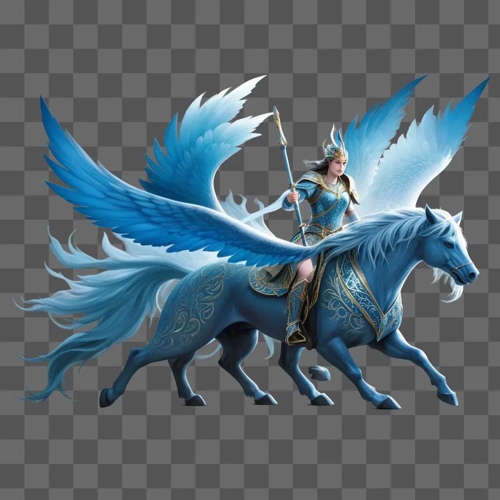 winged goddess on a horse in a blue mythological scene