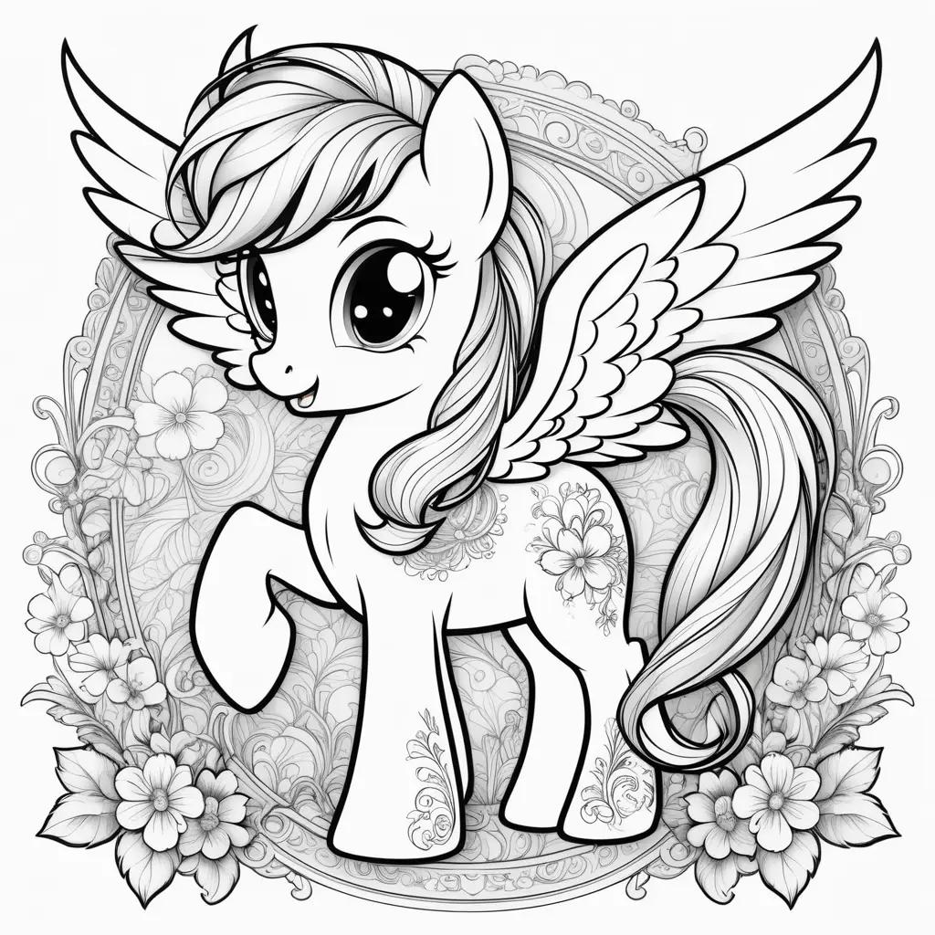 winged pony with flower designs in black and white