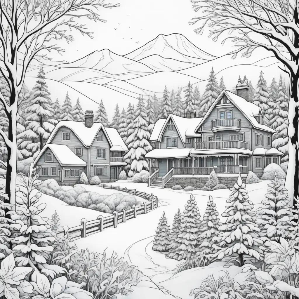 winter coloring page of a snowy mountain house