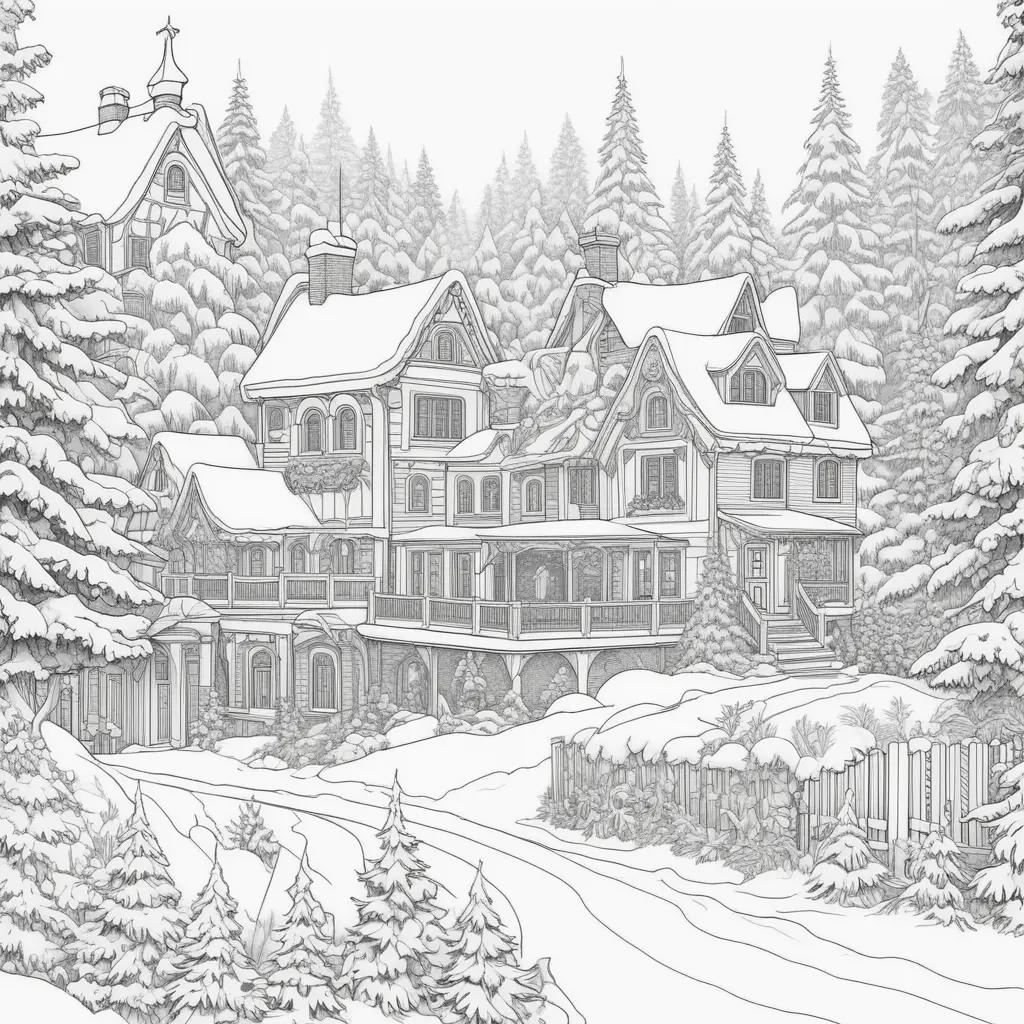 winter holiday coloring page with a house and trees