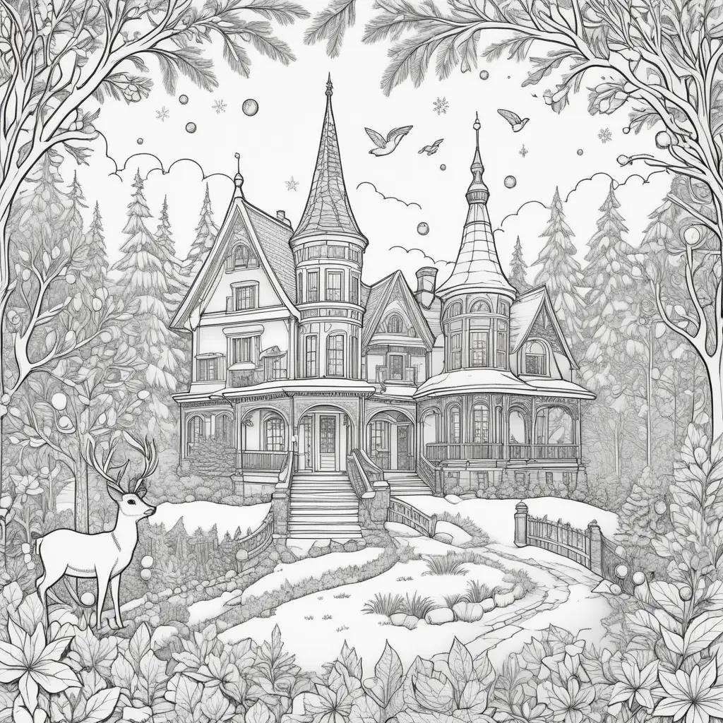 winter scene with a house, deer, and trees