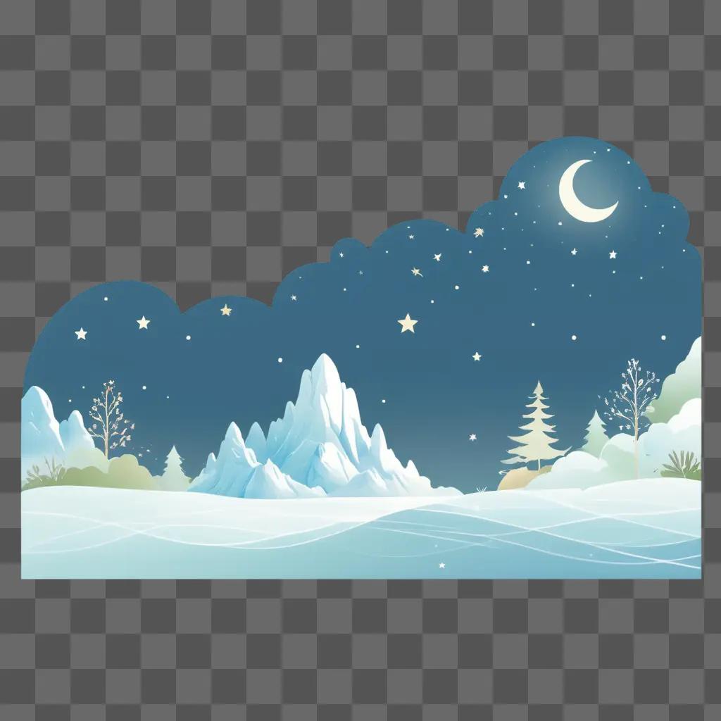 winter scene with a starry sky and a snow-covered mountain