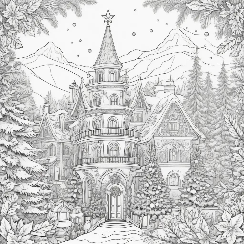 winter scene with a towering castle and pine trees