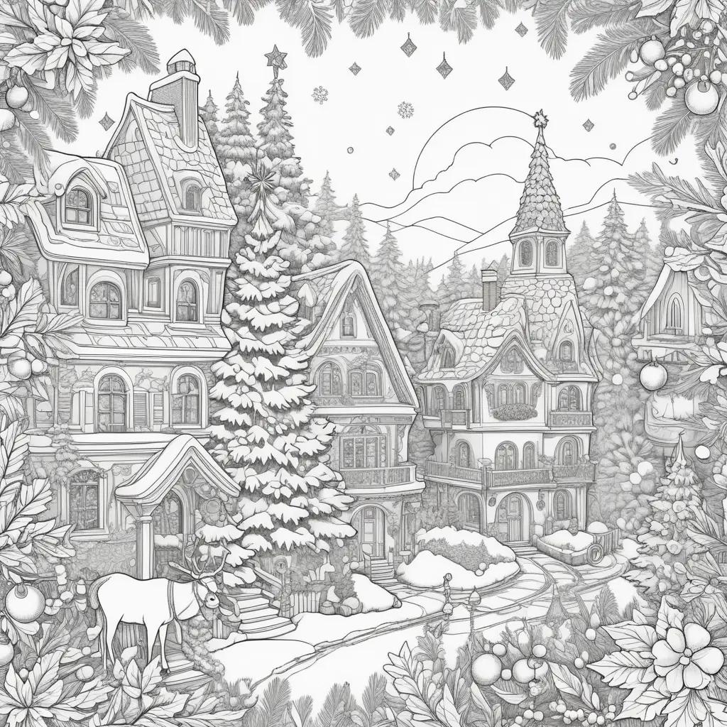 winter scene with a tree, reindeer and buildings on a coloring page