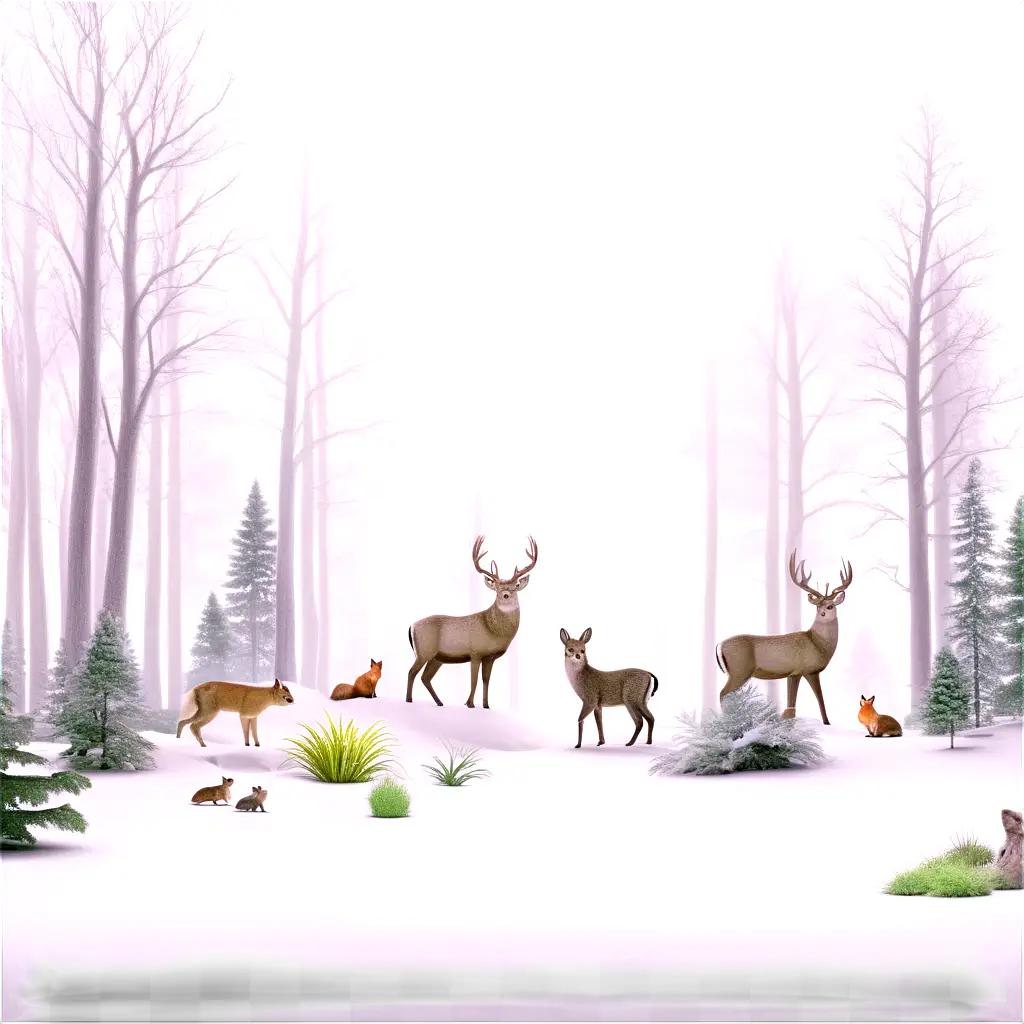 winter scene with deer, foxes and trees