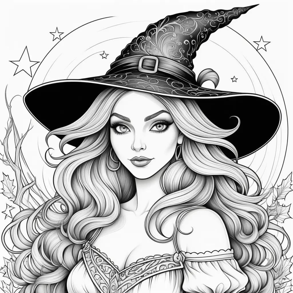 witch coloring page with a black and white design