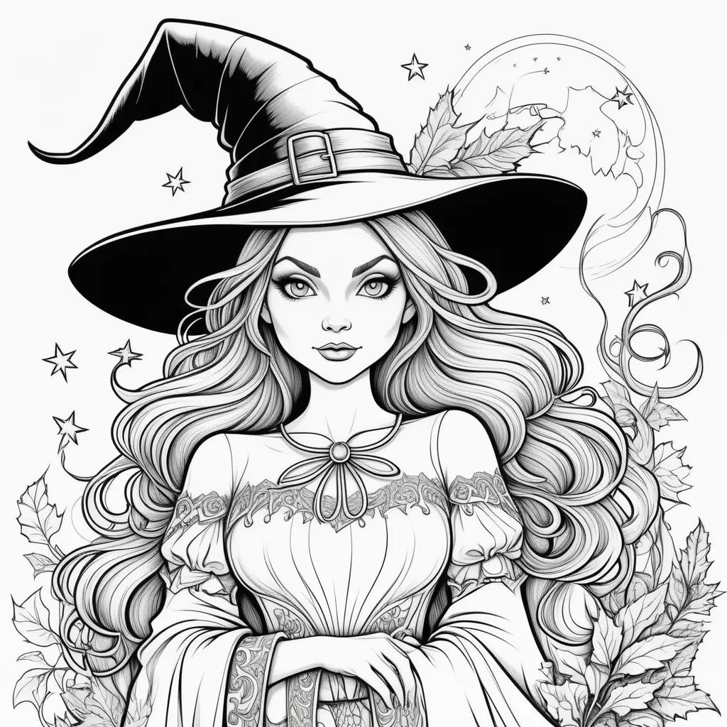 witch coloring page with a black and white drawing of a witch