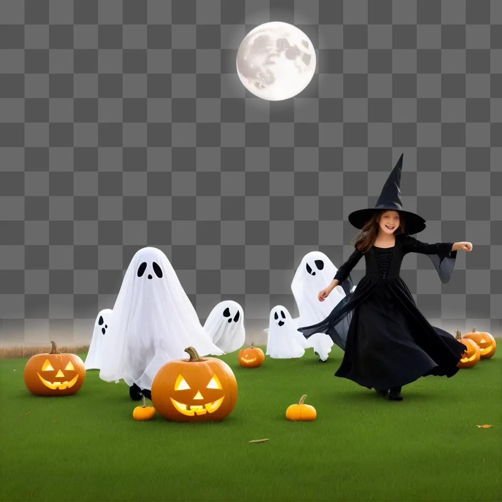 witch in a black dress and a witch hat walks near pumpkin ghosts