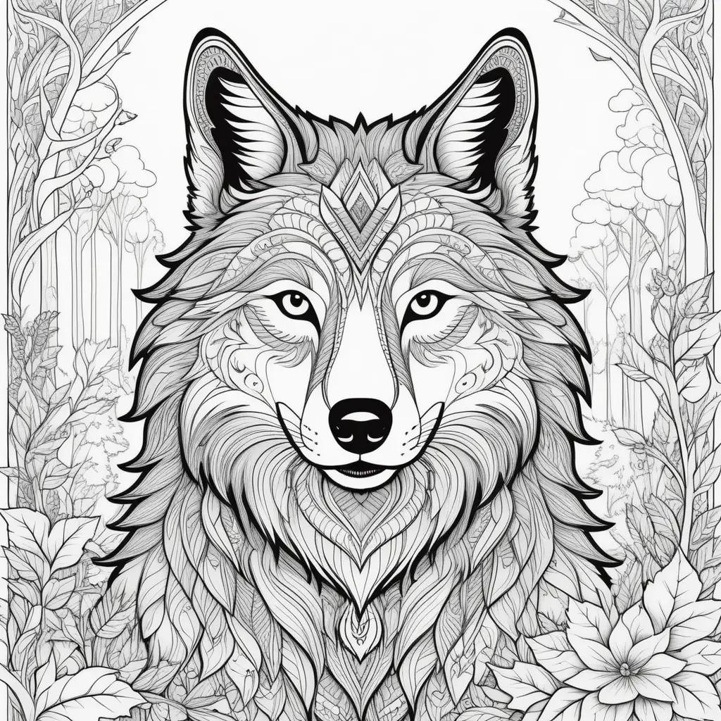 wolf coloring page with a forest background