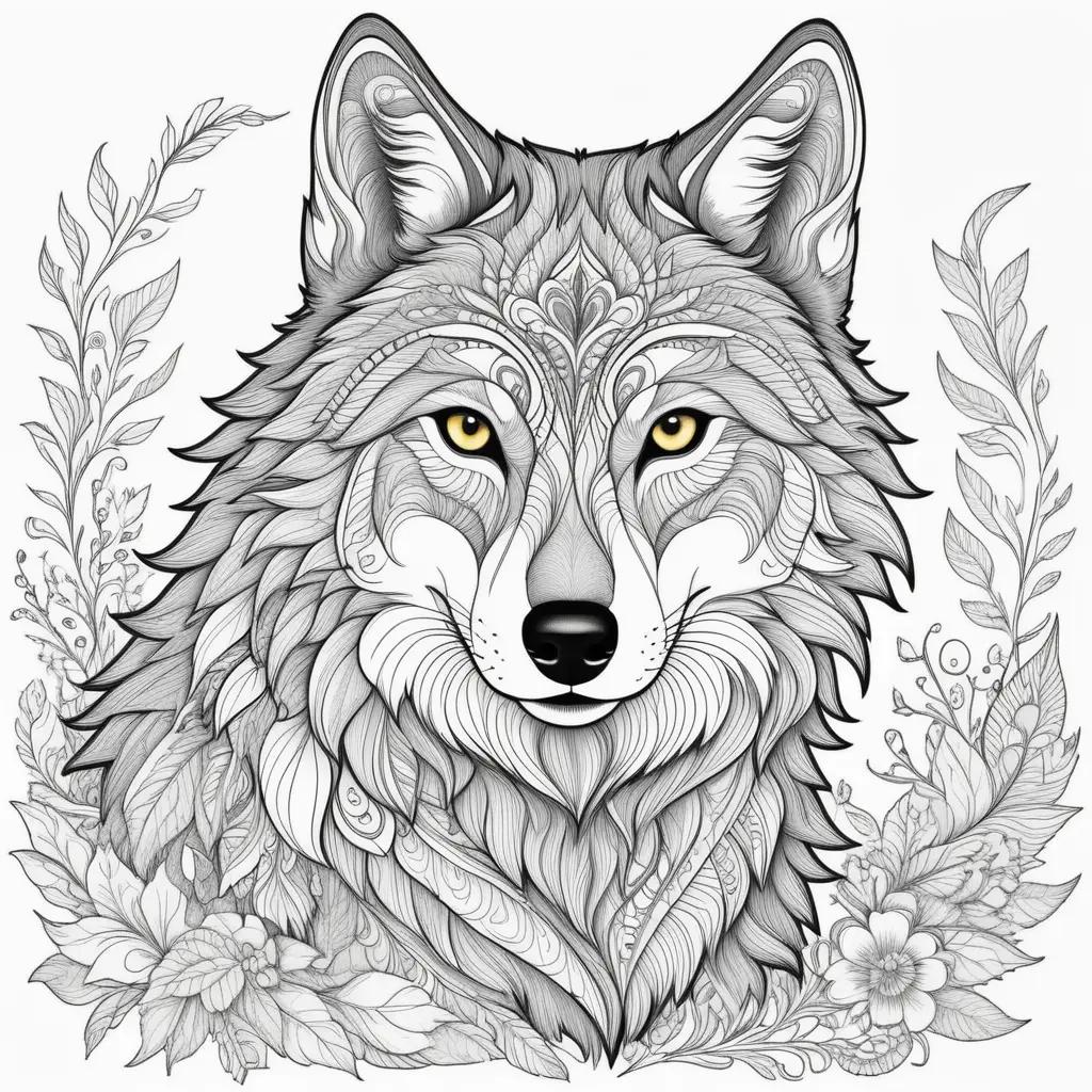 wolf coloring page with floral and leaf designs