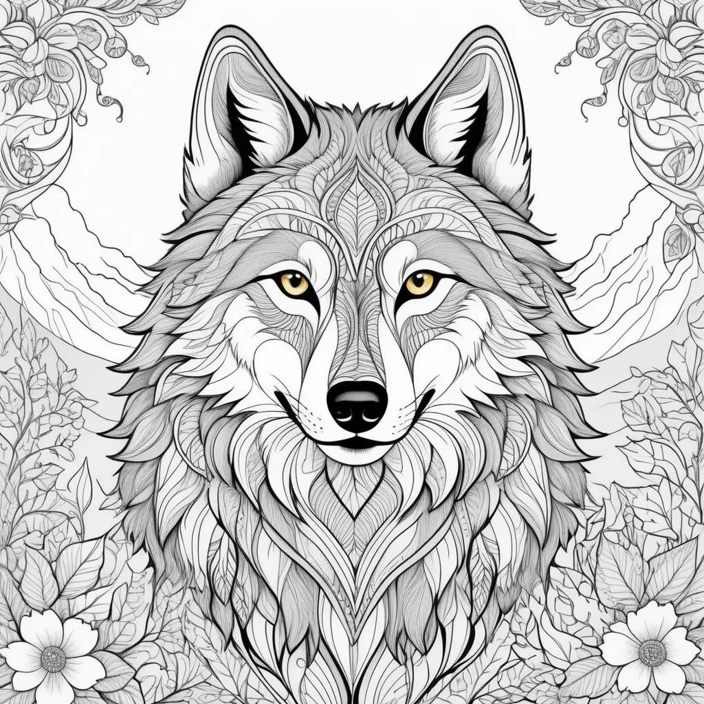 wolf coloring page with flowers and leaves