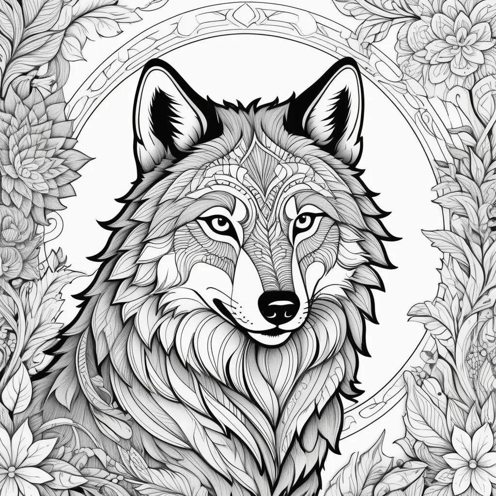 wolf coloring page with intricate details and a circle frame