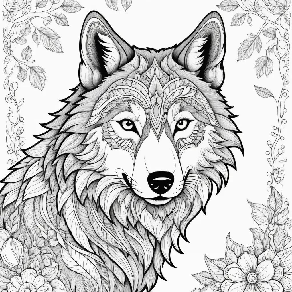 wolf coloring page with intricate lines and flowers