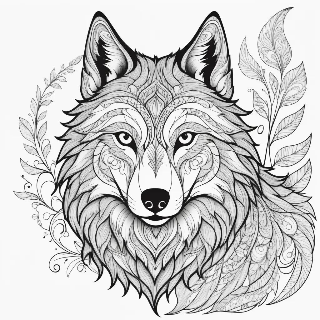 wolf coloring page with leaf patterns around it