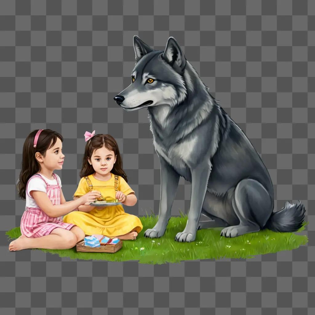 子供のためのオオカミの絵オオカミは、2人の小さな女の子と一緒に芝生に座っています