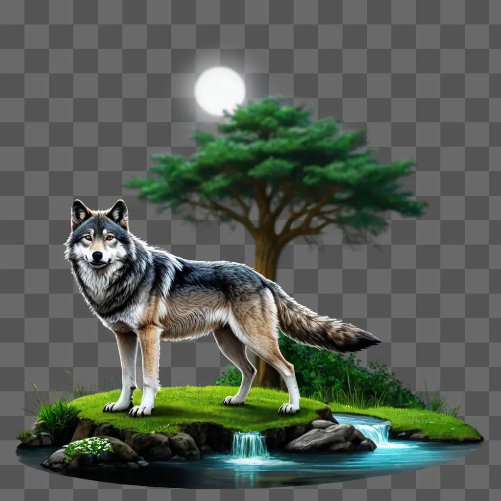 子供のためのオオカミの絵 オオカミは木と池の前に立っています
