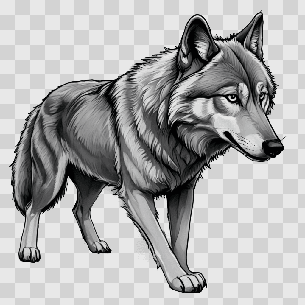 wolf drawing outline A gray wolf with a black head and gray legs