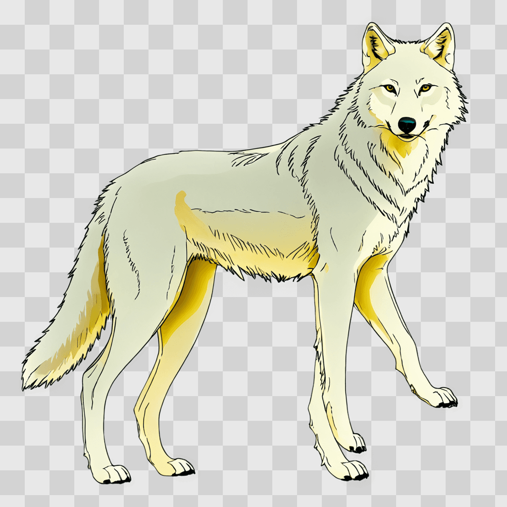 wolf drawing outline A white wolf is standing on a yellow background