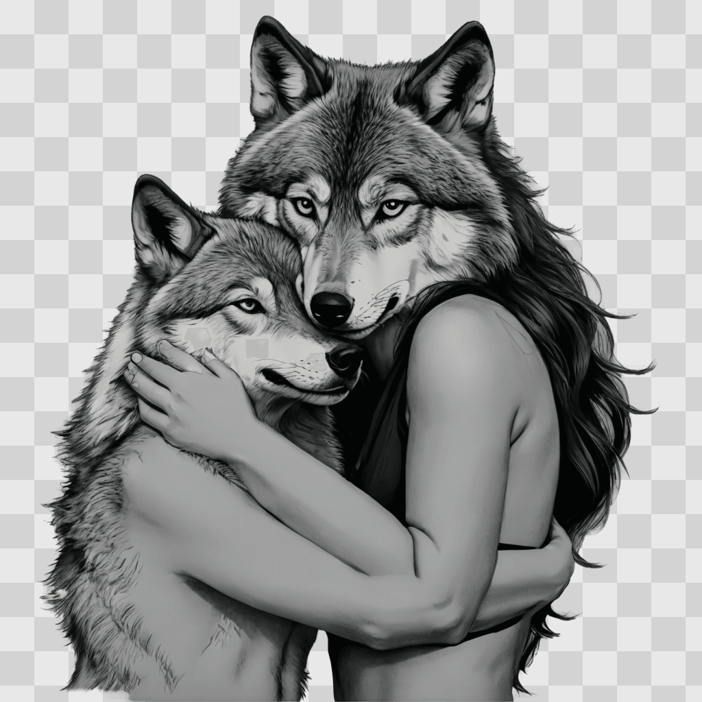 wolf drawing outline A woman hugs a wolf in a black and white painting