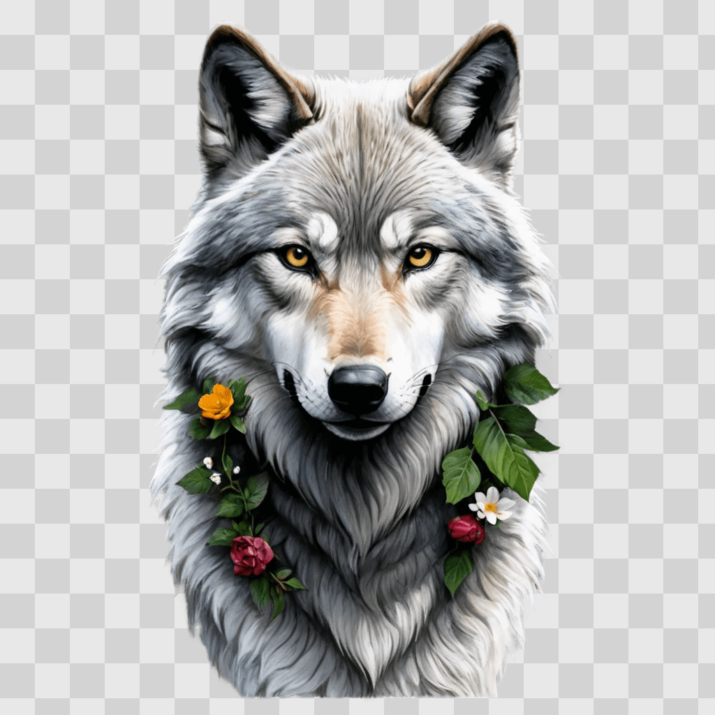 wolf drawing realistic A wolf with flower garland around its neck