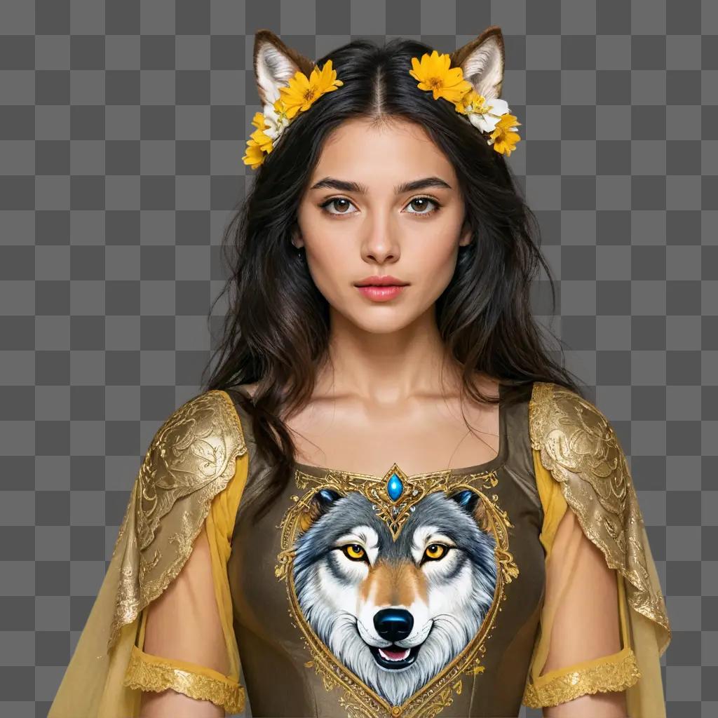 wolf drawing with colour A girl wears a wolf print dress and gold armour