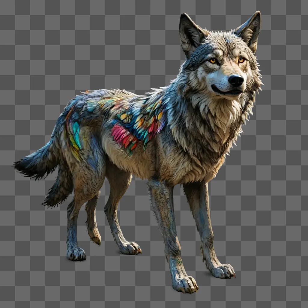 wolf drawing with colour A gray wolf with colorful patterns on its body