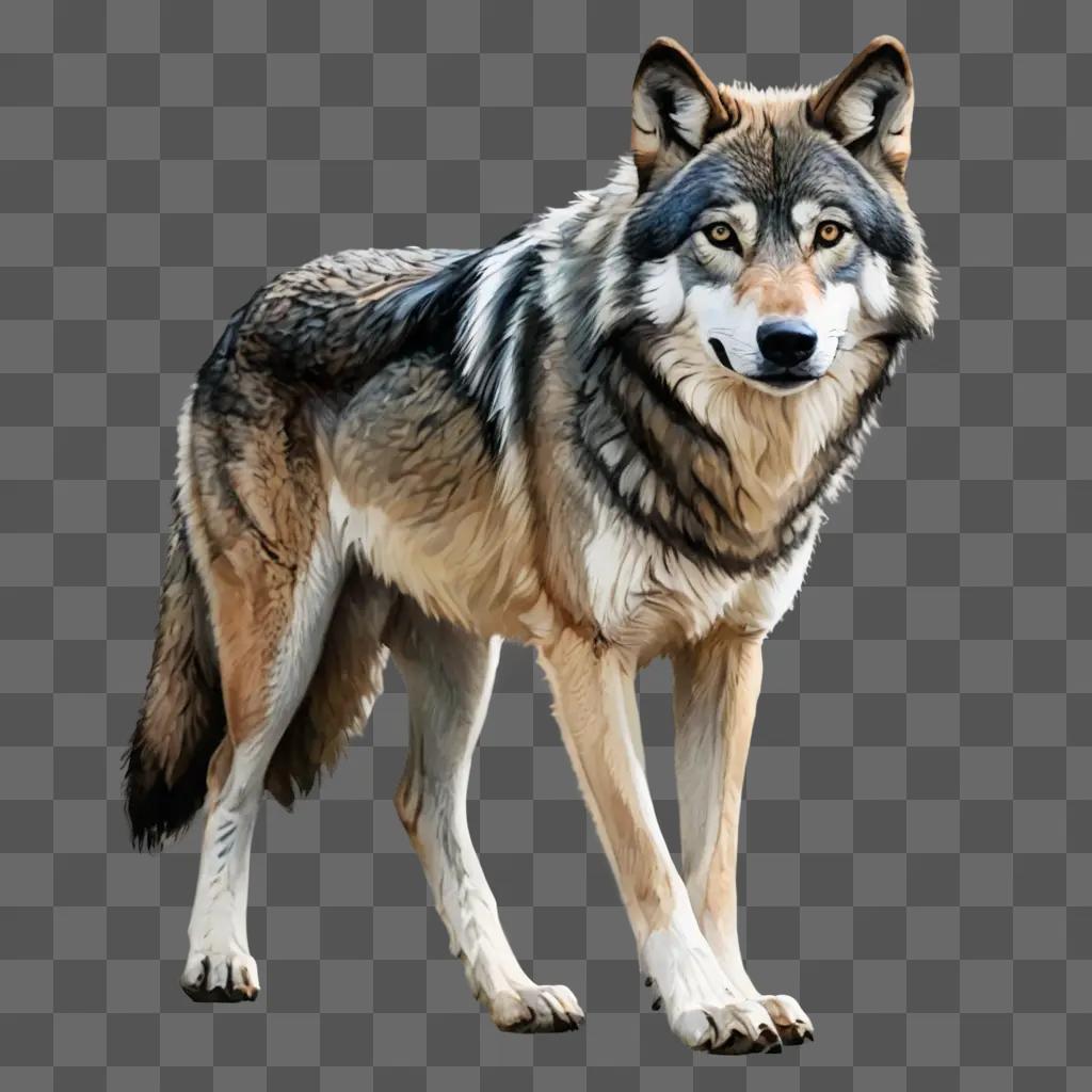 wolf drawing with colour A wolf is standing on a grey background