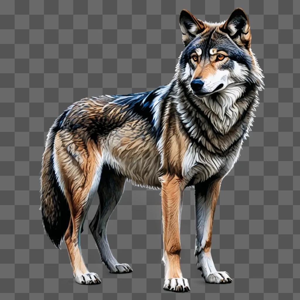 wolf drawing with colour A wolf standing on a grey background