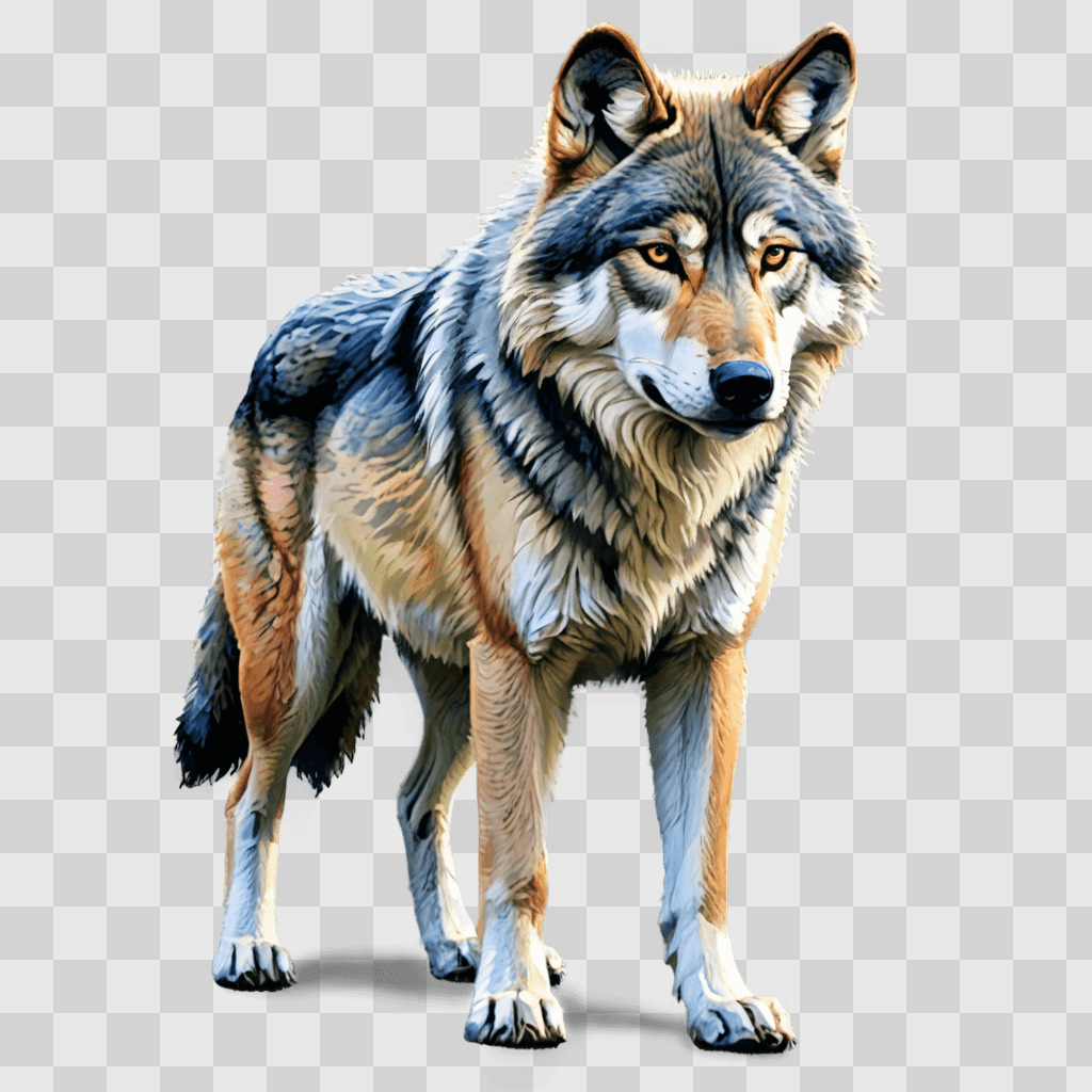 wolf drawing with colour A wolf stands in the sun on a gray background