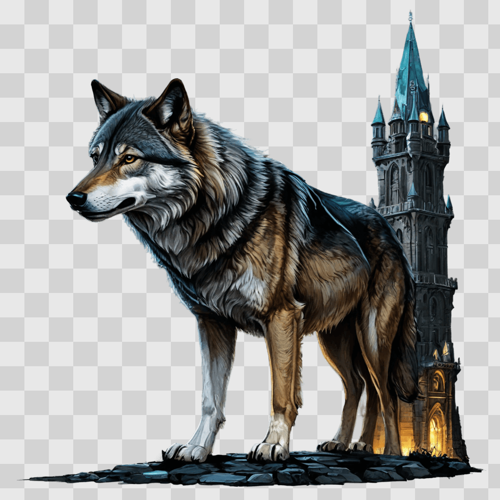 wolf drawing with colour A wolf with a castle in the background