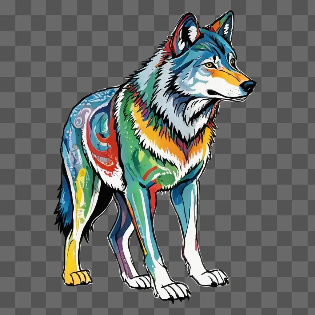 wolf drawing with colour A wolf with a multicolored coat stands against a gray background