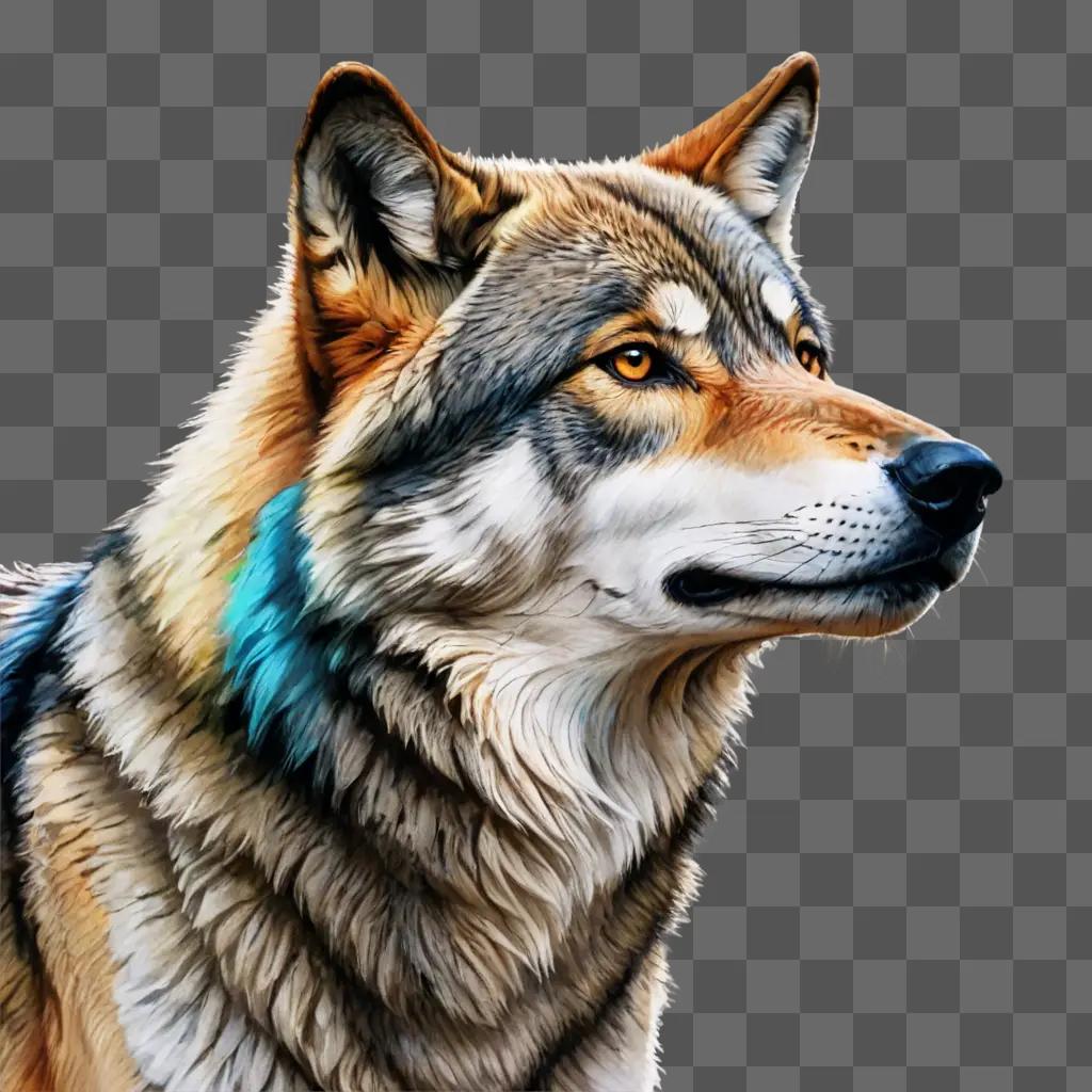 wolf drawing with colour A wolf with blue and orange stripes on its head