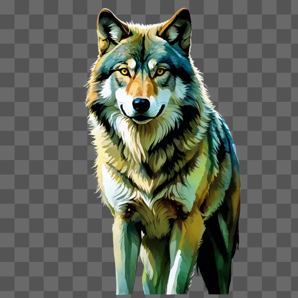 wolf drawing with colour A wolf with colorful fur stares at the camera