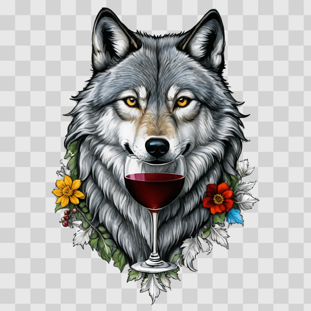 wolf drawing with colour A wolf with wine in his mouth and flowers around him