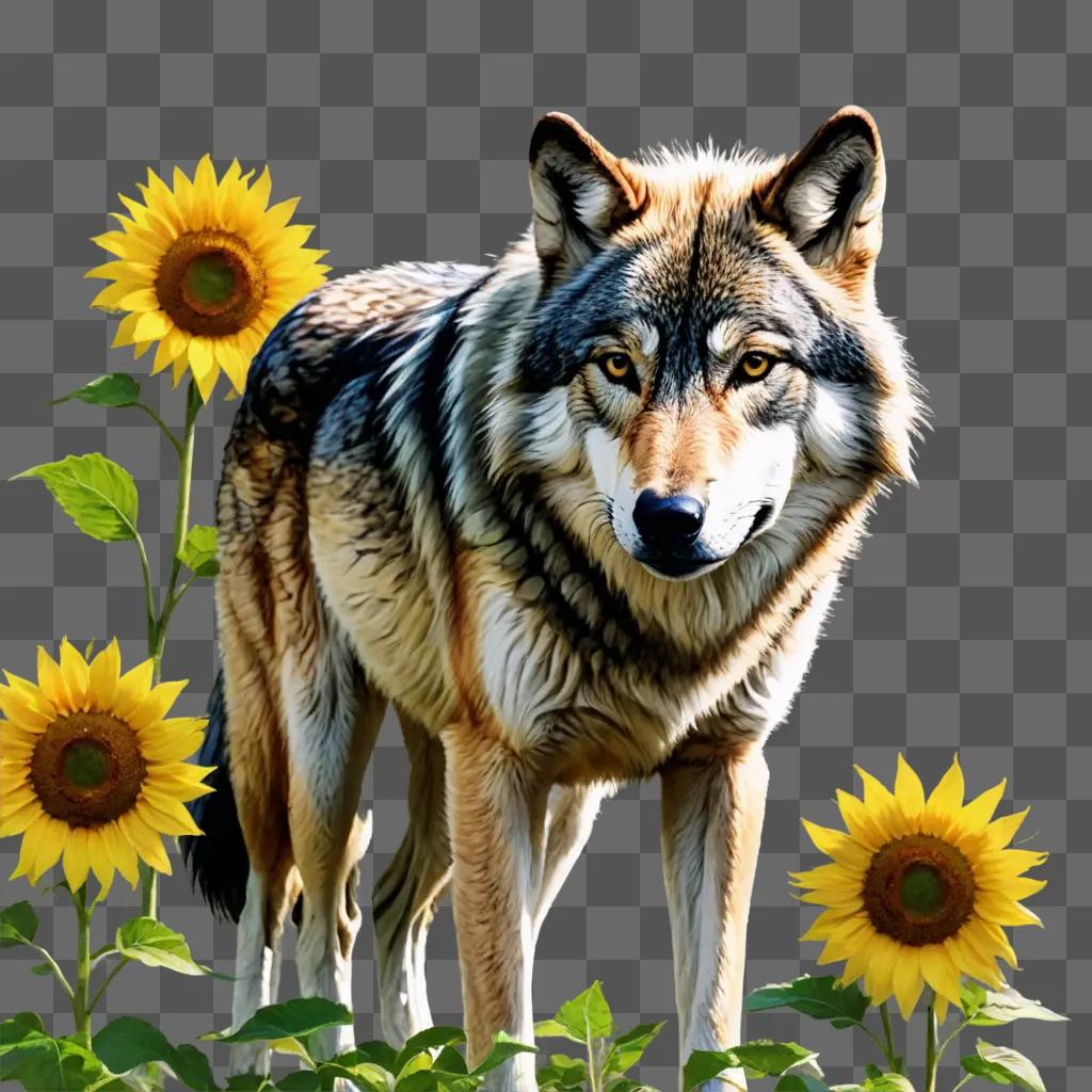 wolf drawing with colour Gray wolf with sunflowers in the background