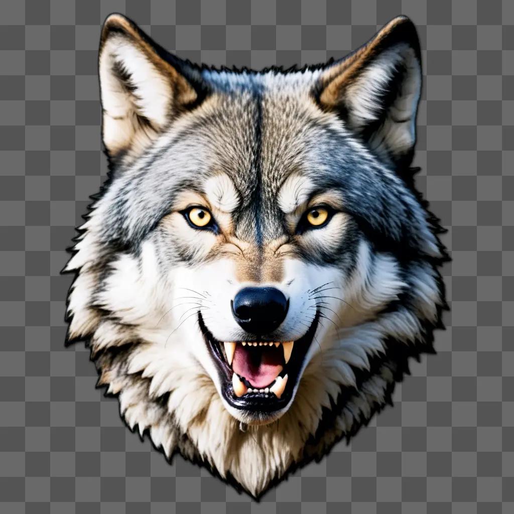 wolf face is displayed against a gray background