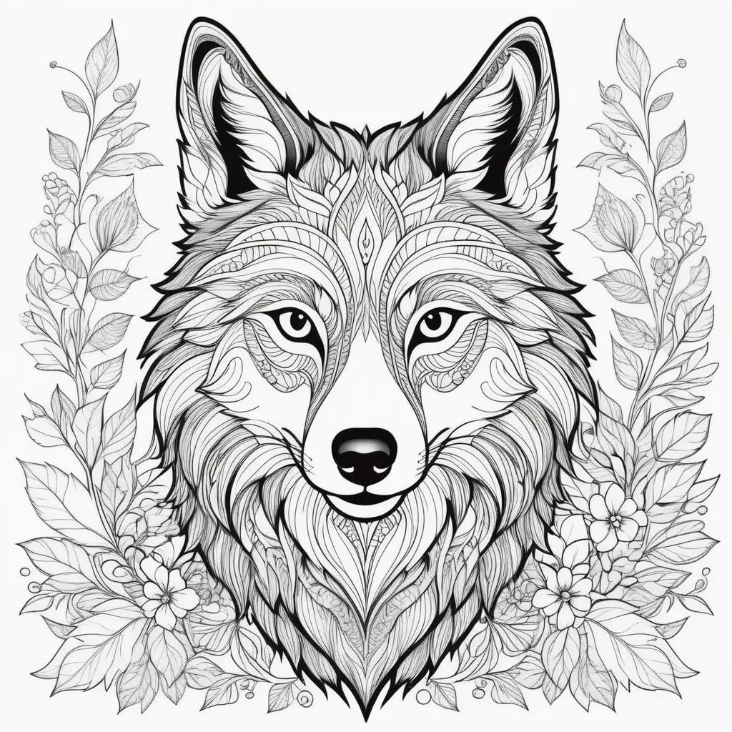 wolf is on a leafy background in a black and white coloring page