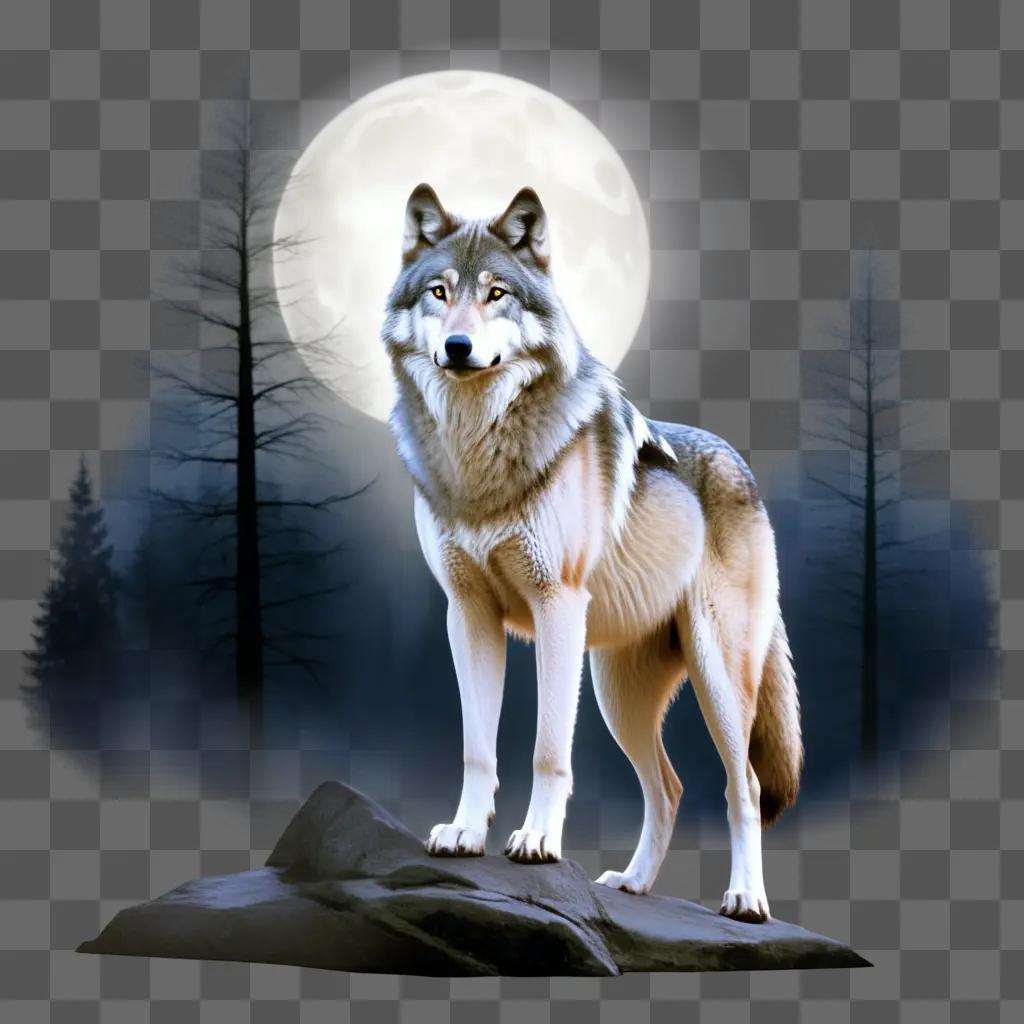 wolf standing on a rock in the dark