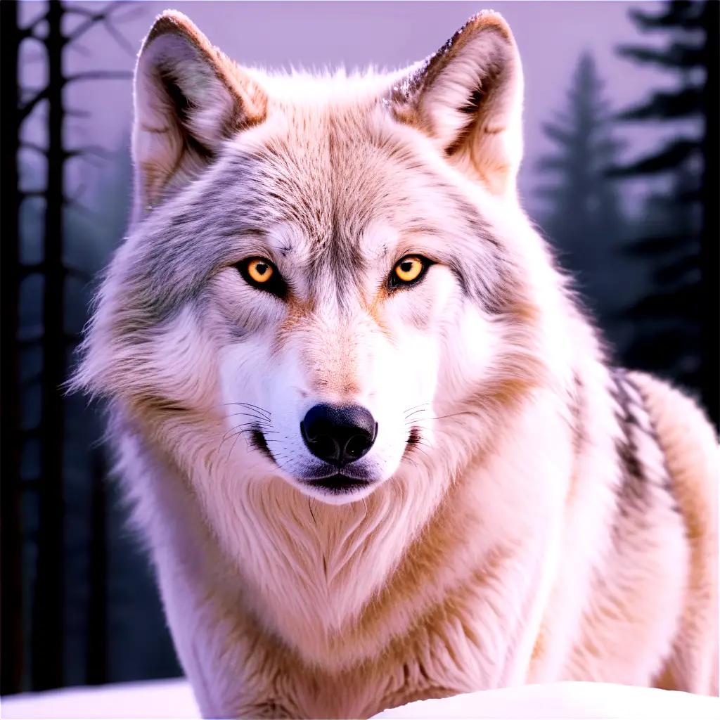 wolf with glowing eyes stares into the camera