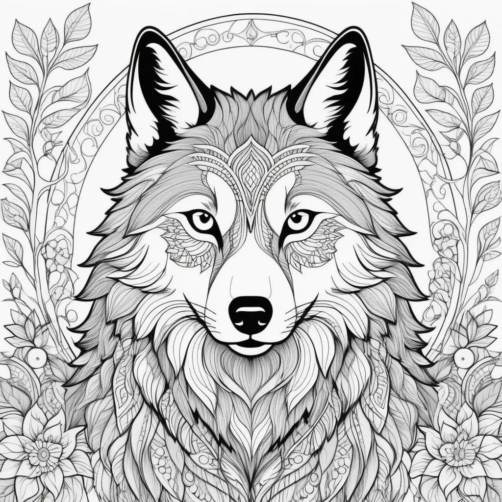 wolf with intricate details and floral designs on a background