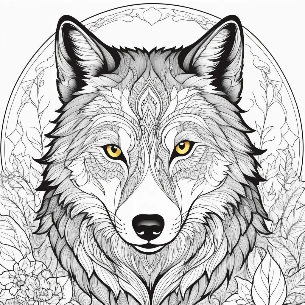 wolf with yellow eyes and a black and white face