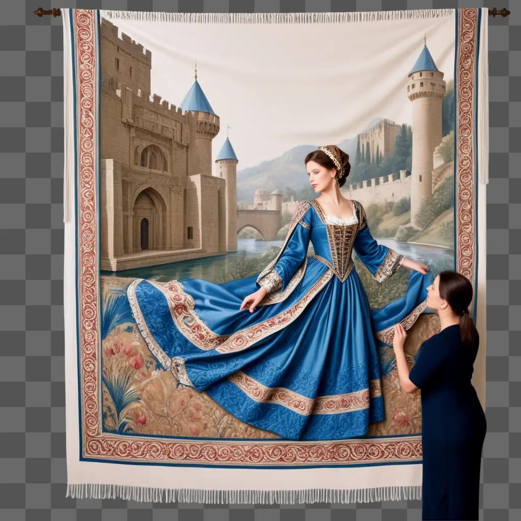 woman admiring a blue dress hanging on a wall