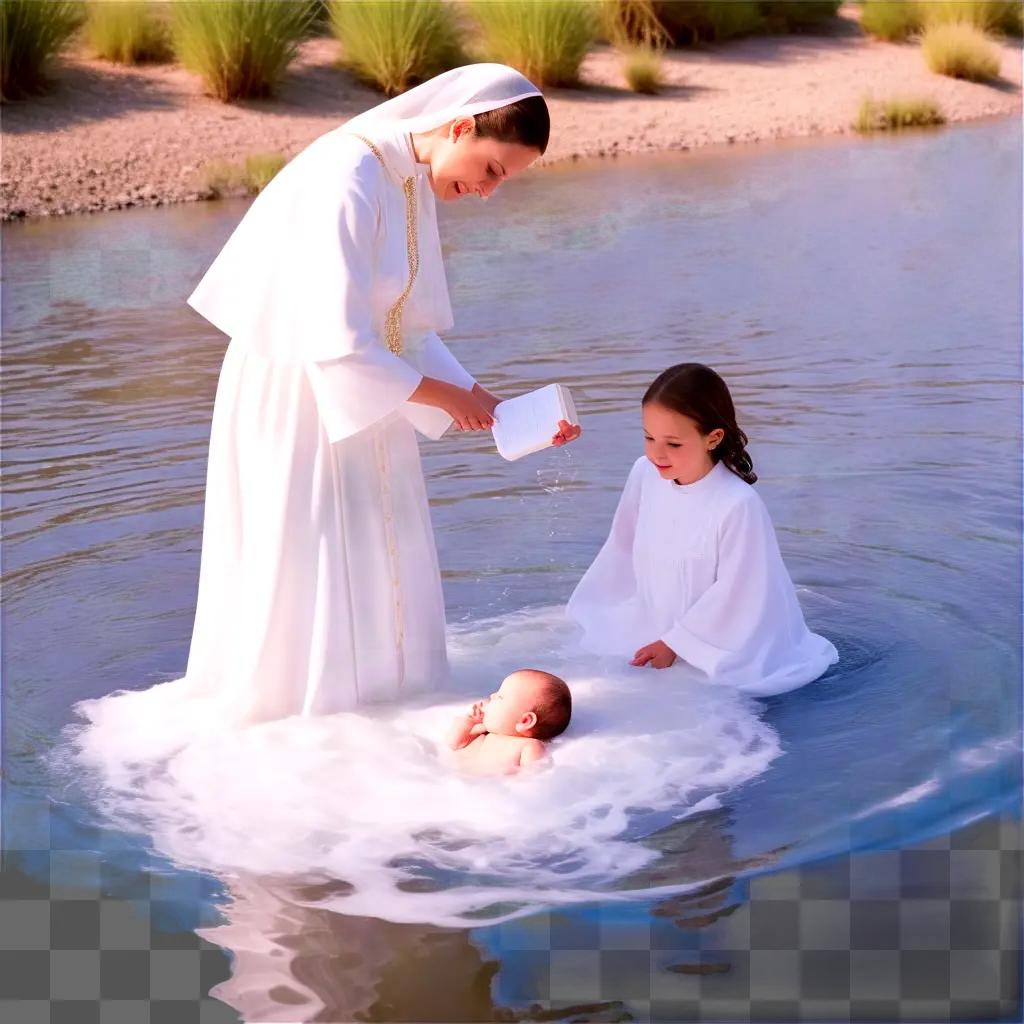 woman baptizes a child in a river