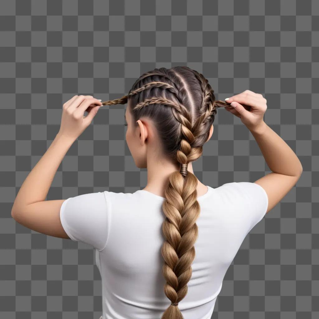 woman braids her long blonde hair