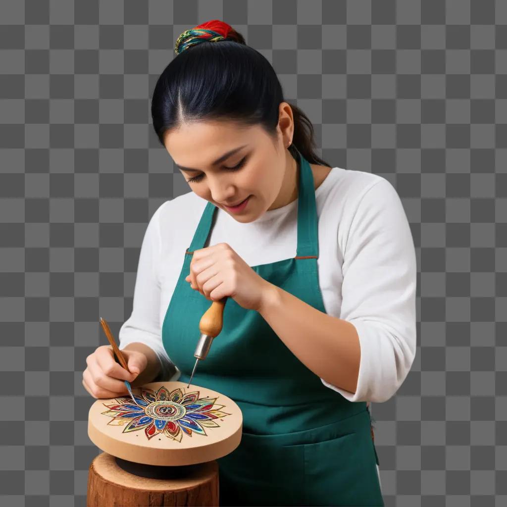 woman crafts a wooden piece with a brush