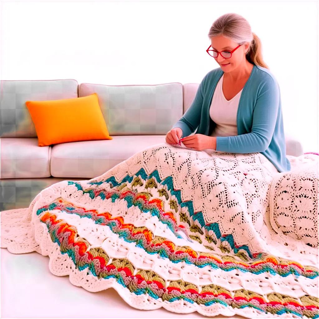 ソファで毛布を編む女性